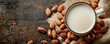 Healthy breakfast Almond milk, Copy space. Top view.