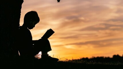 Wall Mural - Silhouette of a child reading the Bible under a tree