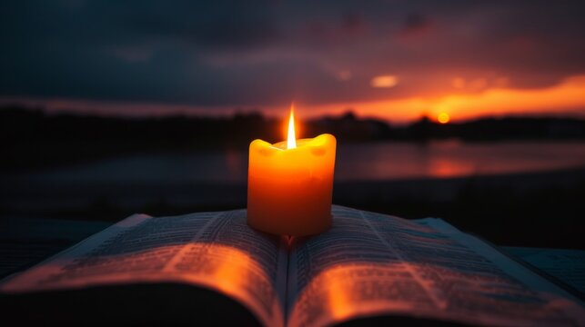 Silhouette of a candle flame shape forming from the pages of an open Bible