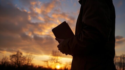 Wall Mural - Silhouetted person holding a Bible against the morning sky