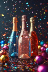 three bottles of champagne with an empty label on a festive background with balloons