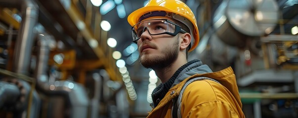 Wall Mural - Worker in protective helmet focuses on factory operations Prioritizing safety at work. Concept Safety at Work, Factory Operations, Protective Gear, Worker Focus, Prioritizing Safety