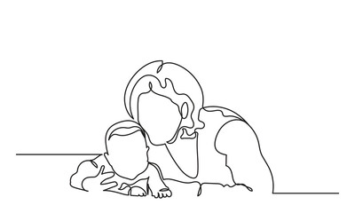 Wall Mural - Happy Mother’s Day continuous line drawing of Mom playing with her baby. women holding her baby motherhood concept. vector illustration.