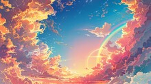 Fantastical Sky Illustration Depicting A Radiant Rainbow Emerging From Golden Sunlit Clouds In A Dreamlike Scenery.
