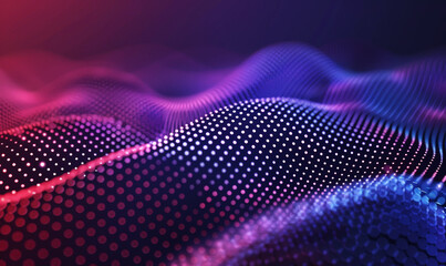 Digital Wave Grid Landscape.
Vibrant digital landscape with undulating grid of dots creating a wave effect in neon blue and pink hues, depicting modern tech and data flow.