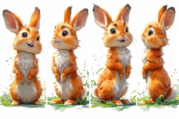 Wall Mural - A set of adorable cute red rabbits on a white background