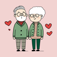 Cute elderly couple. Two old people, feeling love, wearing green sweaters. Vector old men and women with white hair