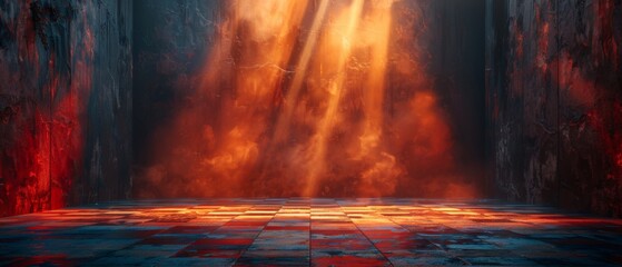 Poster - The splendor of 3D Spotlight Treasures unveiled on an empty stage with tile flooring