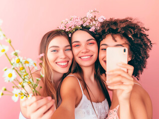 Beautiful women with flowers taking selfie on soft color background. International Women's Day celebration 