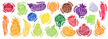 Fruit Shapes. Vegan Food. Vegetable Color Stickers With Lettering. Carrot Or Broccoli. Recipe Logo. Grape Jelly. Fresh Ripe Orange. Vintage Tomato And Apple Icons. Vector Meal Stamps Set