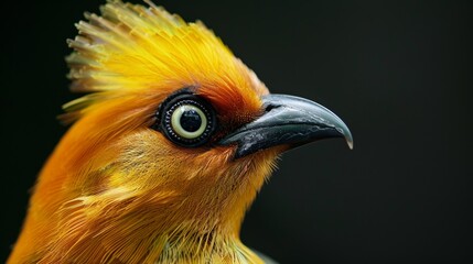 Wall Mural - a sbird of paradise close-up portrait looking direct in camera with low-light, black backdrop. 