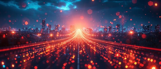 Fototapete - Conceptual design of smart city with polygon pattern and speed line light, big data connection technology.