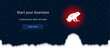 Business startup concept Landing page screen. The frog symbol on the right is highlighted in bright red. Vector illustration on dark blue background with stars and curly clouds from below