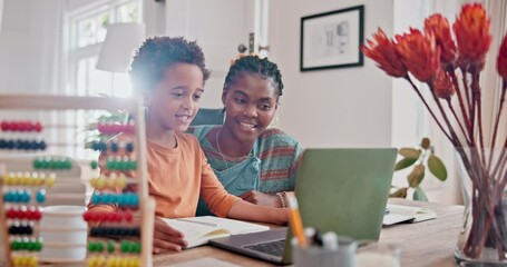 Poster - Mother, child and high five at laptop or online education achievement or productivity support, lesson or homework. Woman, son and hand gesture at home desk for knowledge victory, teaching or learning