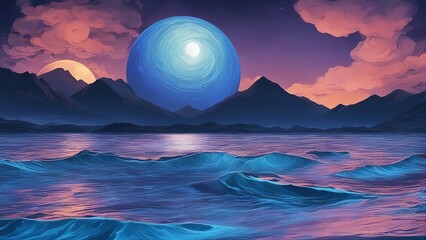 Wall Mural -  over the sea _A blue moon over water, depicting the creativity and the beauty of water. The moon is spiral  