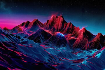 Wall Mural - Neon Grainy landscape, futuristic design, wave music, 80s styled Surreal landscape.