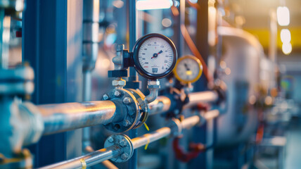 Poster - Industrial gauge monitoring pressure in a modern facility's pipeline system.