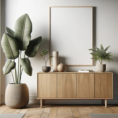 Wall Mural - A photography of an interior design scene featuring a white wall living room with a wooden sideboard. On the sideboard, there are a large green