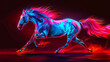 Anime style majestic roan horse galloping with kinetic energy against pure black background vibrant redblue gradient