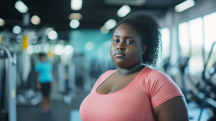 Wall Mural - An overweight woman in the gym preparing to play sports, the concept of an active life in any age, taking care of the body and building a relationship with weight