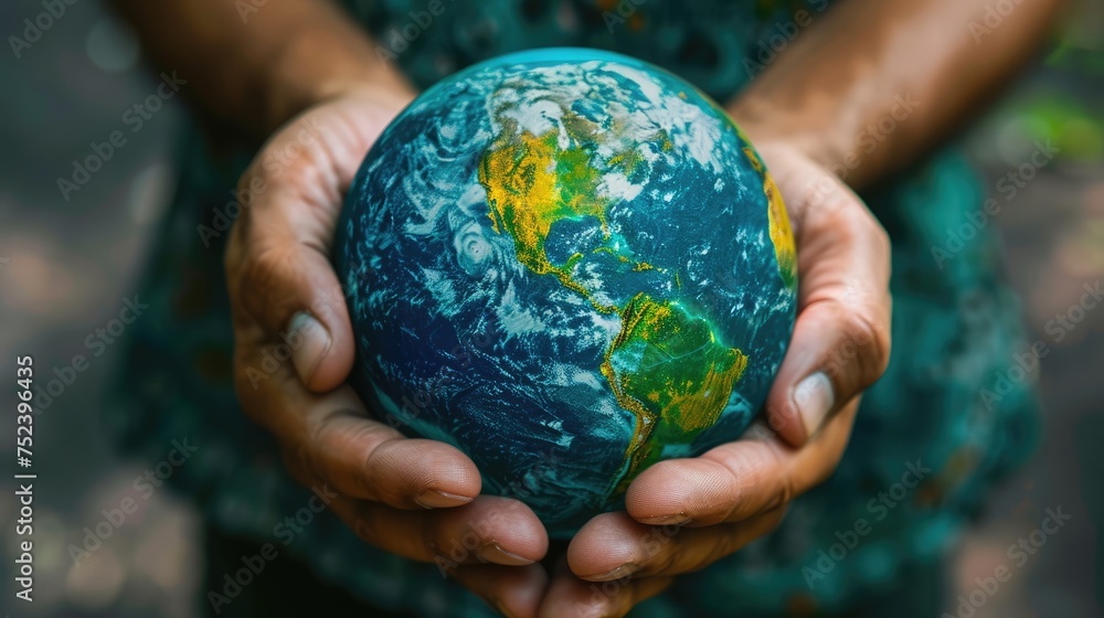 Hands cradling a small globe with a detailed map, symbolizing care and ...
