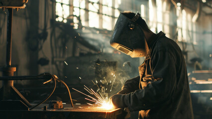 Wall Mural - Skilled welder at work, creating sparks while welding in a atmospheric workshop.