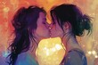 Illustration von zwei sich küssenden und verliebten jungen Frauen 