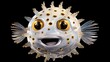 A puffer fish with big eyes and a smile on a black background