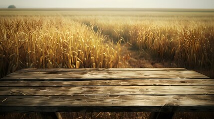 Canvas Print - Rustic wooden table overlooking golden wheat field. simple elegance, agricultural background. countryside serenity. calm, relaxing scenery for lifestyle and nature concepts. AI