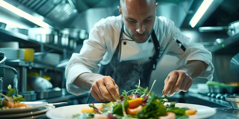 Sticker - Professional chef adding final touches to a gourmet dish in a modern kitchen setting. culinary art in action. fine dining meal preparation. AI