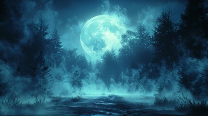 Wall Mural - Gloomy dark forest scene. Big moon, moonlight. Smoke, shadow. Abstract dark, cold street background. Night view.