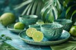Ceramic Tableware and Limes on Turquoise Background
