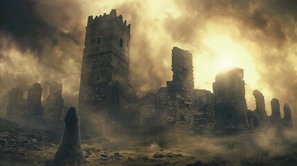 Banshee wailing at the ruins of a castle her lament the only sound