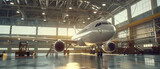 Fototapeta  - Imposing commercial airplane in a vast hangar, reflecting the grandeur of aviation.