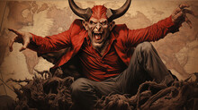 Devil In Red Sits In Front Of World Map, Crazy Face With Horns