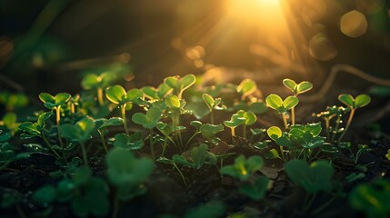 Wall Mural - Sunlight filtering through young green seedlings. nature's growth, fresh start. ideal for nature themes and eco-friendly content. AI