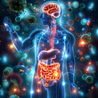 Human silhouette with glowing stomach brain connection and expanded microscopic view of gut bacteria germs microorganisms surrounding the human , medical healthcare concept