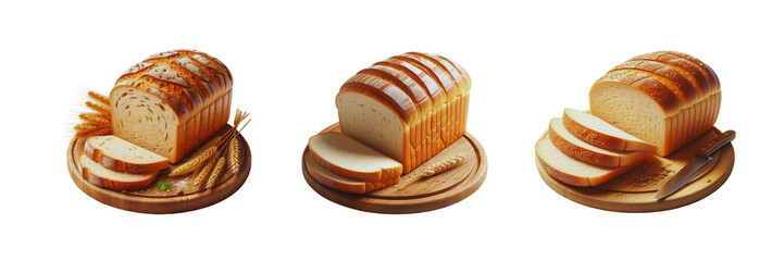 Wall Mural - Set of Wheat bread sliced on wooden board, illustration, isolated over on transparent white background