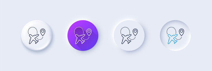 Wall Mural - Airplane line icon. Neumorphic, Purple gradient, 3d pin buttons. Plane flight transport sign. Aircraft symbol. Line icons. Neumorphic buttons with outline signs. Vector