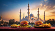 As the sun sets behind the towering minarets, a delicious burger takes center stage in front of the grand mosque. The warm glow of the mosque's lights illuminates the burger, highlighting its vibrant 