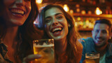 Fototapeta Uliczki - group of friends drinking and having a good time, laugher, enjoying a happy hour in a bar