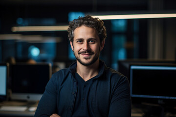 Hard working person in modern interior office programming writing web java script code AI technology generation