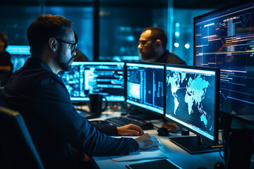 Hard working person in modern interior office programming writing web java script code AI technology generation