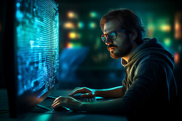 Hard working person in modern interior office programming writing web java script code AI technology generation