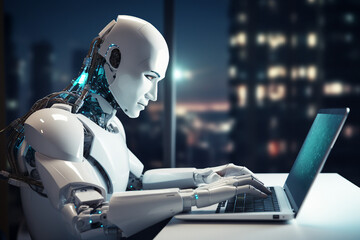 Hard working person in modern interior office programming writing web java script code AI technology generation