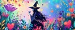 A cute witch casting love spells in a magical garden surrounded by heart shaped potions and enchanted flora illustrating the fusion of love and magic