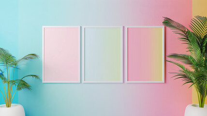 A chic 3D wall frame mockup in glossy white against a pastel gradient background, offering a playful space for displaying whimsical artwork or colorful prints.