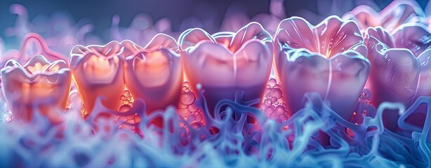 an image of a tooth under a blue light, in the style of layered and complex compositions, dark gray and light crimson, joyful celebration of nature, molecular. generative AI