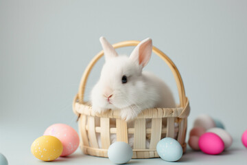 Wall Mural - little white bunny in a basket with colorful eggs for easter on a white background in studio, easter card, generative AI