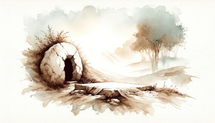 Wall Mural - Resurrection of Jesus. The tomb is discovered to be empty. Life of Jesus. Digital watercolor painting. 
